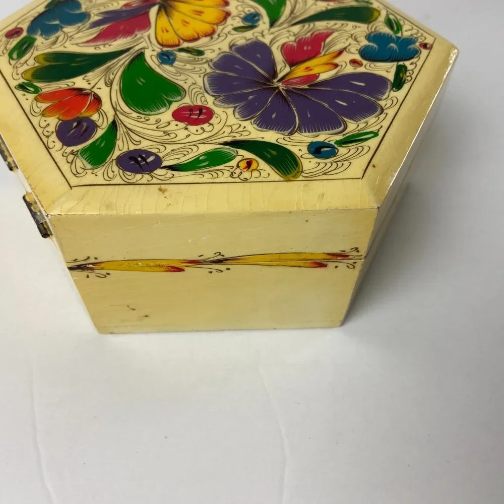 Vintage Floral Hand Painted Wood Trinket Box